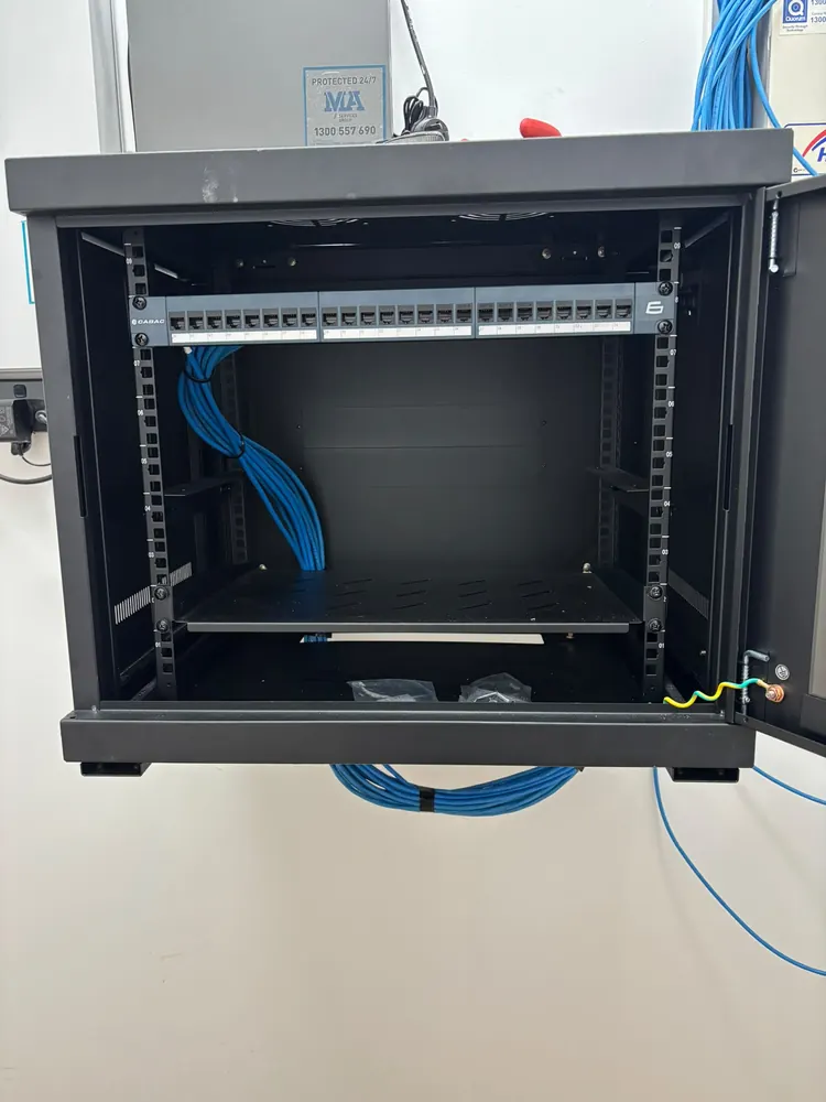 Open wall-mount data cabinet with a 24-port Cat6 patch panel and blue cables bundled into it